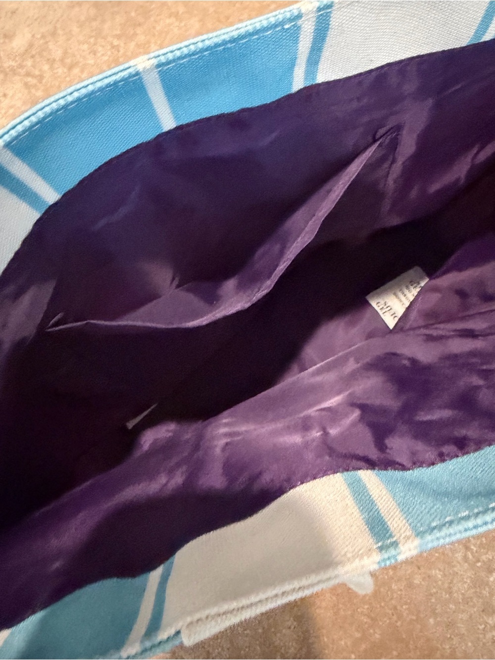 Pureology Light Blue and White Striped Tote with Purple Lining - Picture 5 of 7